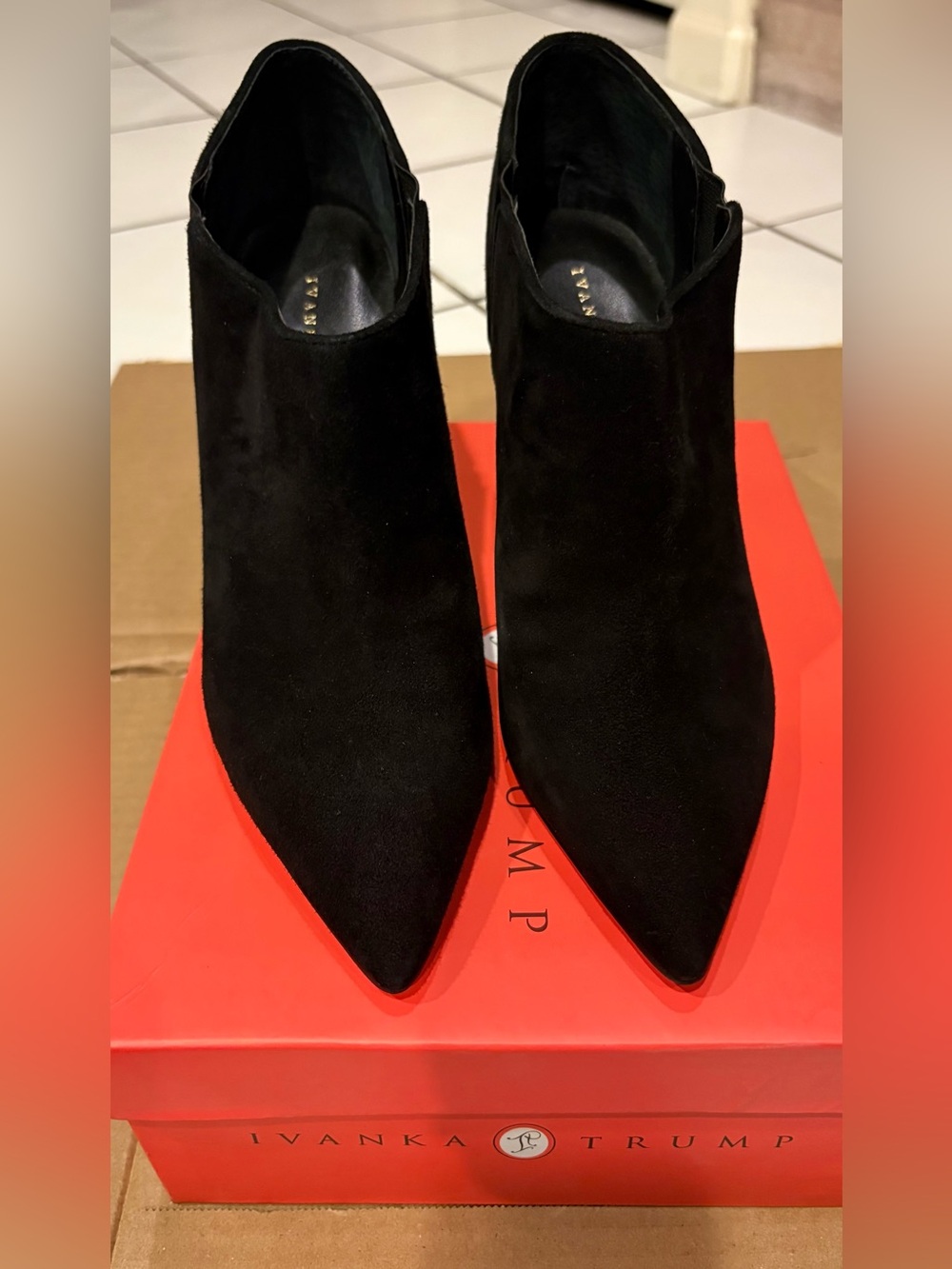 NWT Ivanka Trump Black Suede Pointed Ankle Booties With Gold Heel Accent